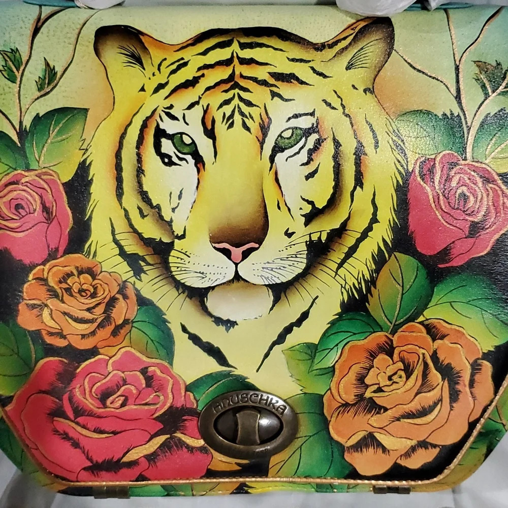 Anuschka Handpainted Leather Convertible Handbag Tiger Roses Nwt